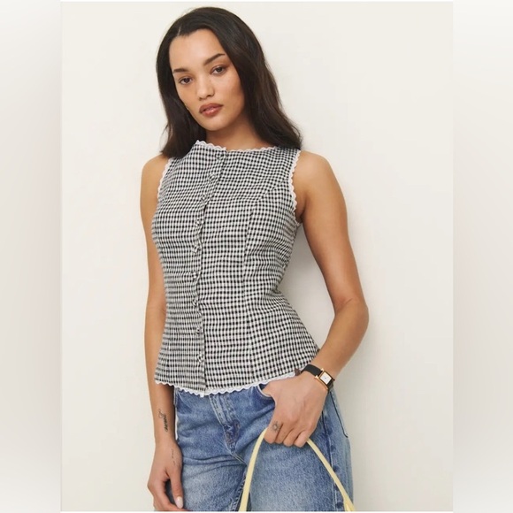 New Reformation Amela Linen Lace Top Remy Check - Picture 2 of 11